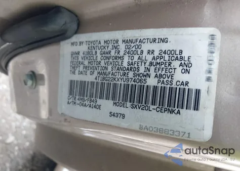 2000 Toyota Camry Ce/Le/Xle from USA, damaged, VIN 4T1BG22KXYU974065